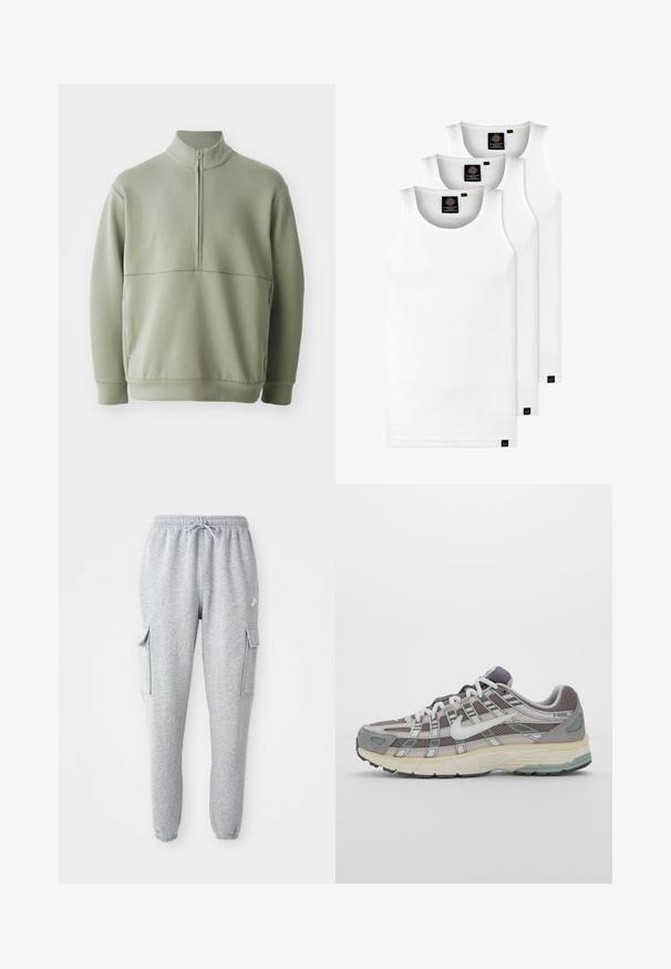 Gaiši zaļš, garām piedurknēm, džemperis ar augstu apkakli un pusi rāvējslēdzēju. Mīksta tekstūra ar horizontālu šuvju detaļu krūšu rajonā.; Trīs baltas ribotas krūšturi, kas izgatavoti no kokvilnas. Iezīmēti ar apaļu kakla izgriezumu un maziem melniem etiķetēm tuvu apakšmalai. Pieejami vairākos izmēros.; Pelēki sporta bikses, kas izgatavotas no mīkstas auduma, ar elastīgu jostasvietu un auklu, divām sānu kabatām un sašaurinātiem manšetēm.; Pelēkie sporta apavi ar tīkla un zamša augšdaļu, baltiem akcentiem, mīkstinātu zoli un izcilu dizainu ar atstarotājiem.