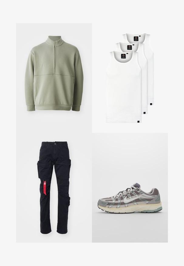 Šviesiai žalias, ilgos rankovės megztinis su aukšta apykakle ir pusiau užtrauktuku. Minkšta tekstūra su horizontalia siūle per krūtinę.; Trys balti, dryžuoti marškiniai be rankovių, pagaminti iš medvilnės. Yra apvalus kaklas ir maži juodi etiketės netoli siūlės. Siūlomi įvairių dydžių.; Juodos krovinių kelnės su keliais šoninėmis kišenėmis, diržo kilpa ir raudona audinio etikete kairėje pusėje. Pagamintos iš patvaraus medvilnės audinio.; Pilkas sportinis batas su tinklu ir zomšos viršutine dalimi, baltomis detalėmis, paminkštintu padu ir išskirtiniu dizainu su atspindinčiais elementais.