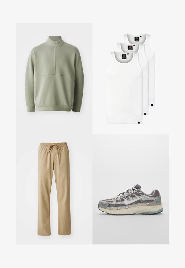 Lichtgroene, langslijve pullover met een hoge kraag en een halve rits. Zachte textuur met een horizontale naaddetails over de borst.; Drie witte geribde tanktops van katoen. Kenmerken zijn een ronde hals en kleine zwarte labels nabij de zoom. Verkrijgbaar in meerdere maten.; Lichtbeige broek met een elastische tailleband en trekkoord. Gemaakt van zachte stof, met rechte pijpen en een gladde textuur.; Grijze sportieve schoen met een bovenwerk van mesh en suede, witte accenten, een gevoerde zool en een onderscheidend ontwerp met reflecterende elementen.