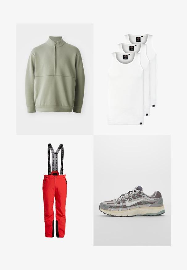 Light green, long-sleeve pullover with a high collar and half zipper. Soft texture with a horizontal seam detail across the chest.; Three white ribbed tank tops made of cotton. Features a crew neck and small black labels near the hem. Available in multiple sizes.; Red ski pants with adjustable black suspenders featuring a logo. Includes zippered pockets and black accents at the cuffs. Waterproof material.; Gray athletic shoe featuring a mesh and suede upper, white accents, a cushioned sole, and a distinctive design with reflective elements.