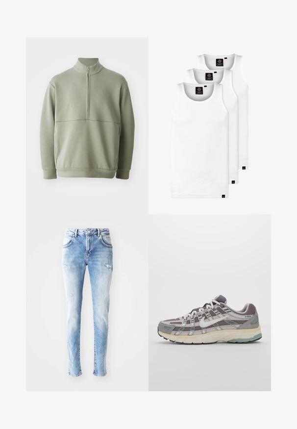 Šviesiai žalias, ilgos rankovės megztinis su aukšta apykakle ir pusiau užtrauktuku. Minkšta tekstūra su horizontalia siūle per krūtinę.; Trys balti, dryžuoti marškiniai be rankovių, pagaminti iš medvilnės. Yra apvalus kaklas ir maži juodi etiketės netoli siūlės. Siūlomi įvairių dydžių.; Šviesiai mėlyni džinsai su išblukusiu finišu, turintys dėvėtus lopus ir klasikinį penkių kišenių dizainą. Tiesūs kojos, vidutinio aukščio liemuo.; Pilkas sportinis batas su tinklu ir zomšos viršutine dalimi, baltomis detalėmis, paminkštintu padu ir išskirtiniu dizainu su atspindinčiais elementais.