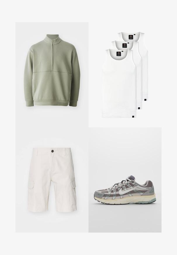 Lys grønn, langermet genser med høy krage og halv glidelås. Myk tekstur med horisontal sømdetalj over brystet.; Tre hvite ribbestrikkede tank topper laget av bomull. Har en rund hals og små svarte etiketter nær kanten. Tilgjengelig i flere størrelser.; Beige cargo shorts laget av lett materiale, med to sidelommer, knappelukning og en avslappet passform. Glatt tekstur med subtilt mønster.; Grå treningssko med overdel i nett og semsket skinn, hvite detaljer, en polstret såle, og et særpreget design med reflekterende elementer.