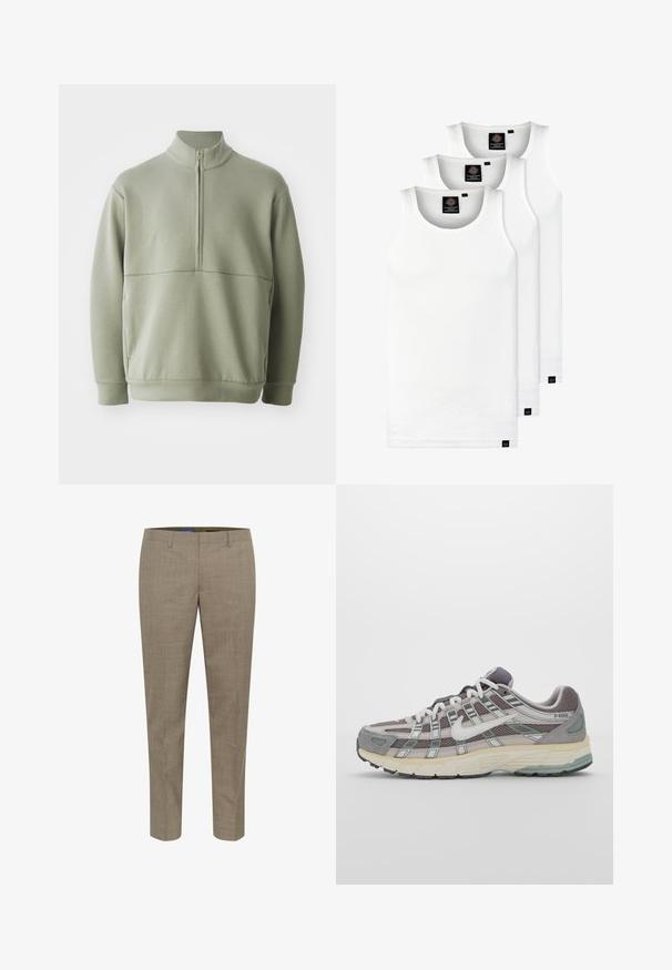 Heledad rohelise, pika varrukaga kootud särk kõrge kraega ja pooltaskuga. Pehme tekstuur, millel on horisontaalne õmbluse detail rinnaosas.; Kolm valget ribaga t-särki, mis on valmistatud puuvillast. Omavad ümmargust kaelanõhku ja väikseid musti silte hemme lähedal. Saadaval erinevates suurustes.; Beige kohandatud püksid, millel on peen kontrollmuster, sirged jalad, esimesed taskud ja sile kangatekstuur.; Hallus hallitus jalanõud, millel on võrgust ja sametist ülemine osa, valged rõhutused, pehme tald ning eristuv disain peegelduvate elementidega.