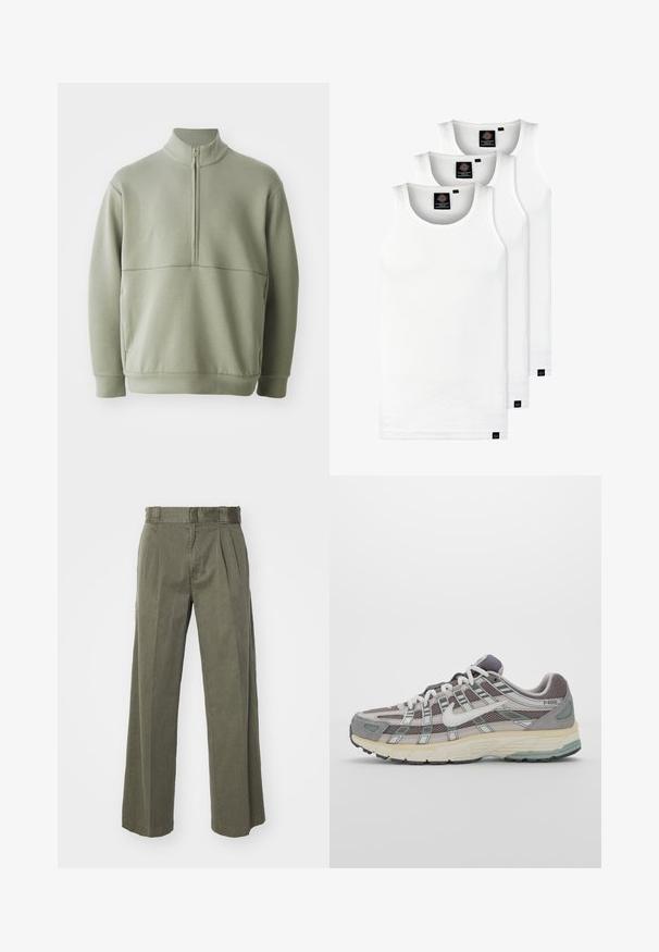 Šviesiai žalias, ilgos rankovės megztinis su aukšta apykakle ir pusiau užtrauktuku. Minkšta tekstūra su horizontalia siūle per krūtinę.; Trys balti, dryžuoti marškiniai be rankovių, pagaminti iš medvilnės. Yra apvalus kaklas ir maži juodi etiketės netoli siūlės. Siūlomi įvairių dydžių.; Olivinės spalvos kelnės su laisvu, plačiu dizainu ir priekinių raukšlių detale. Pagamintos iš tekstūruoto audinio, su standartine juosmena ir be matomų aksesuarų.; Pilkas sportinis batas su tinklu ir zomšos viršutine dalimi, baltomis detalėmis, paminkštintu padu ir išskirtiniu dizainu su atspindinčiais elementais.