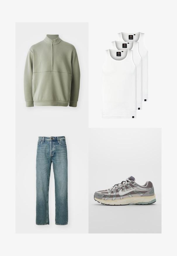 Pullover verde claro de mangas longas com colarinho alto e fecho de correr de meio comprimento. Textura suave com um detalhe de costura horizontal na zona do peito.; Três tops em algodão de alças brancas com nervuras. Apresentam um decote redondo e pequenas etiquetas pretas perto da bainha. Disponíveis em vários tamanhos.; Jean de ganga azul claro com corte reto, design de cinco bolsos e costura visível. Apresenta um botão de metal e fecho de zipper.; Sapatilha atlética cinza com parte superior em malha e camurça, detalhes brancos, sola acolchoada e um design distinto com elementos refletivos.