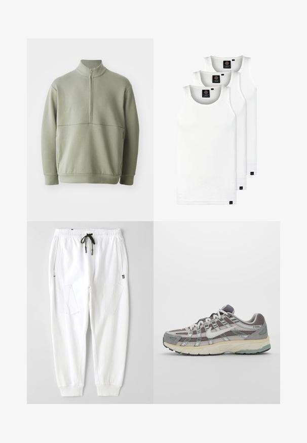 Hellgrüner Pulli mit langen Ärmeln, hohem Kragen und halbem Reißverschluss. Weiche Textur mit einer horizontalen Nahtdetails über der Brust.; Drei weiße, gerippte Tanktops aus Baumwolle. Merkmale einen Rundhalsausschnitt und kleine schwarze Etiketten am Saum. In mehreren Größen erhältlich.; Weiße Baumwoll-Sweatpants mit entspannter Passform, ausgestattet mit Seitentaschen und zwei strukturierten Patches in diagonaler Schnittführung. Elastischer Bund mit Kordelzug.; Grauer Sportschuh mit einem Obermaterial aus Mesh und Wildleder, weißen Akzenten, einer gepolsterten Sohle und einem charakteristischen Design mit reflektierenden Elementen.