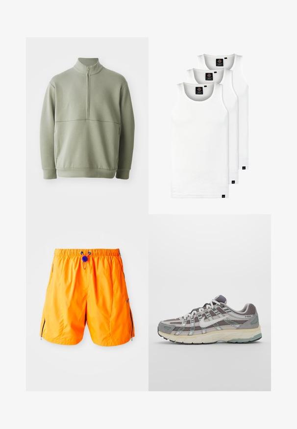 Lys grønn, langermet genser med høy krage og halv glidelås. Myk tekstur med horisontal sømdetalj over brystet.; Tre hvite ribbestrikkede tank topper laget av bomull. Har en rund hals og små svarte etiketter nær kanten. Tilgjengelig i flere størrelser.; Orange idrettsshorts med elastisk midjebånd, justerbar snor og sidelommer med glidelås. Laget av glatt, lett stoff.; Grå treningssko med overdel i nett og semsket skinn, hvite detaljer, en polstret såle, og et særpreget design med reflekterende elementer.