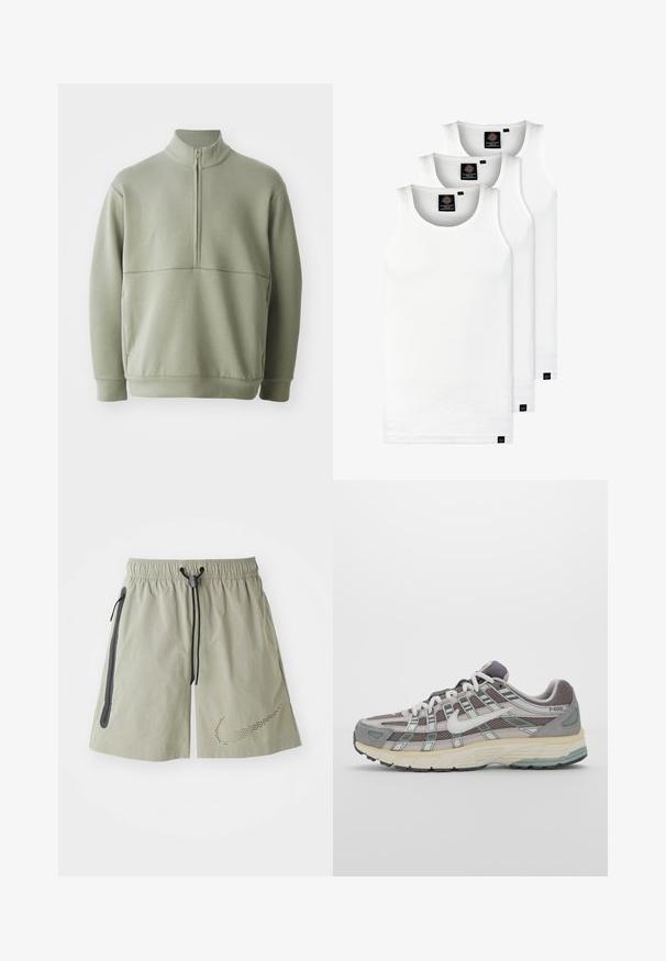 Pullover verde chiaro a maniche lunghe con colletto alto e mezza cerniera. Texture morbida con un dettaglio a cucitura orizzontale sulla parte anteriore.; Tre canotte bianche a coste in cotone. Presentano un colletto rotondo e piccole etichette nere vicino all'orlo. Disponibile in diverse taglie.; Pantaloni sportivi grigio chiaro con cintura elastica, stringa, due tasche laterali con zip e un dettaglio a logo perforato sulla parte inferiore della gamba sinistra.; Scarpa sportiva grigia con tomaia in mesh e suede, dettagli bianchi, suola ammortizzata e un design distintivo con elementi riflettenti.