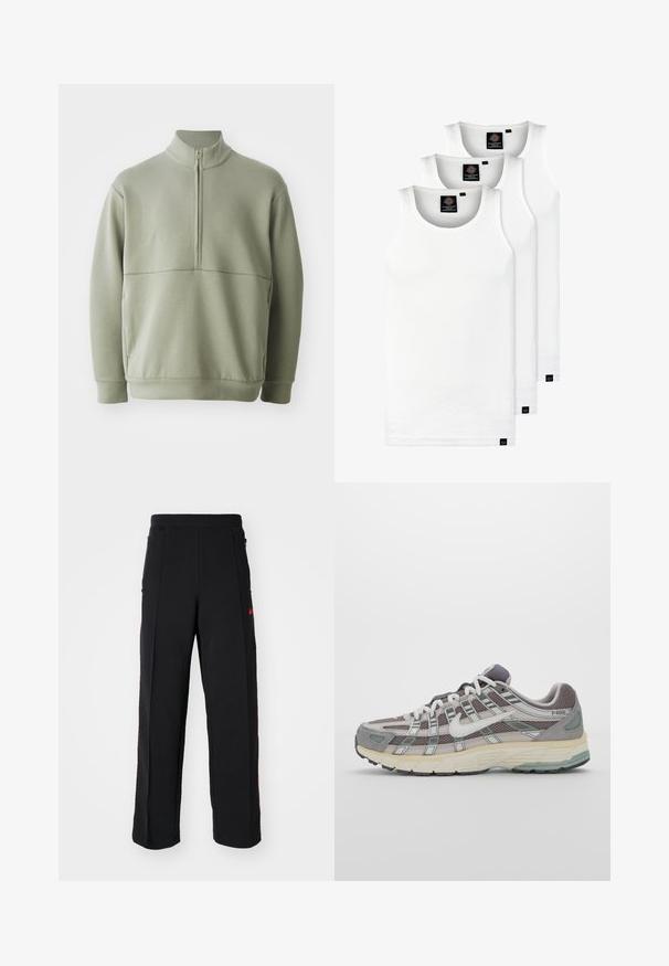 Svijetlozelena, dugosveđena majica s visokim ovratnikom i polu-zipperom. Mehak materijal s horizontalnom šavom preko prsa.; Tri bijele rebraste majice bez rukava od pamuka. Imaju okrugli izrez i male crne oznake blizu rubova. Dostupne su u više veličina.; Crne trenirke s opuštenim krojem, s crvenim detaljima i džepovima sa strane. Materijal izgleda mekano s glatkom teksturom.; Siva sportska tenisica s gornjim dijelom od mrežaste tkanine i zamshta, bijelim detaljima, amortizirajućom potplatom i prepoznatljivim dizajnom s refleksivnim elementima.