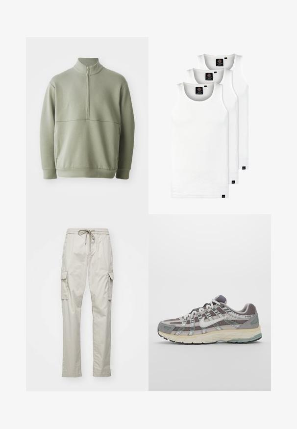 Svijetlozelena, dugosveđena majica s visokim ovratnikom i polu-zipperom. Mehak materijal s horizontalnom šavom preko prsa.; Tri bijele rebraste majice bez rukava od pamuka. Imaju okrugli izrez i male crne oznake blizu rubova. Dostupne su u više veličina.; Svijetlosmeđi cargo hlače s elastičnim pojasom, vezicom i dva bočna džepa. Izrađene od lagane, glatke tkanine.; Siva sportska tenisica s gornjim dijelom od mrežaste tkanine i zamshta, bijelim detaljima, amortizirajućom potplatom i prepoznatljivim dizajnom s refleksivnim elementima.
