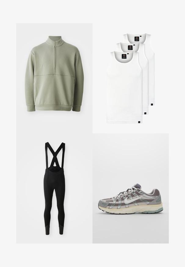 Vaaleanvihreä pitkähihainen neulepusero, jossa on korkea kaulus ja puoli vetoketju. Pehmeä pinta ja vaakasuora sauman yksityiskohta rinnassa.; Kolme valkoista ribbitekstiilistä toppia, jotka on valmistettu puuvillasta. Ominaisuuksiin kuuluu pyöreä pääntie ja pieni musta etiketti helman lähellä. Saatavilla useissa kooissa.; Mustat pyöräilybibtightsit säädettävillä X-muotoisilla olkaimilla, tekstuuripaneelilla ja tiukasti istuvilla lahkeilla, jotka kapenevat nilkassa.; Harmaa urheilukenkä, jossa on verkko- ja mokkanahkainen yläosa, valkoiset yksityiskohdat, pehmustettu pohja ja erottuva muotoilu heijastavilla elementeillä.