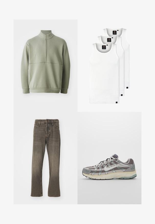 Pull vert clair à manches longues avec un col montant et une fermeture éclair mi-longue. Texture douce avec un détail de couture horizontale sur la poitrine.; Trois débardeurs blancs côtelés en coton. Présentent un col rond et de petites étiquettes noires près de l'ourlet. Disponibles en plusieurs tailles.; Jeans en denim marron avec une coupe droite, présentant une texture décolorée, un style traditionnel à cinq poches et une fermeture à bouton en métal.; Chaussure de sport grise avec une tige en mesh et en daim, accents blancs, semelle rembourrée et un design distinctif avec des éléments réfléchissants.