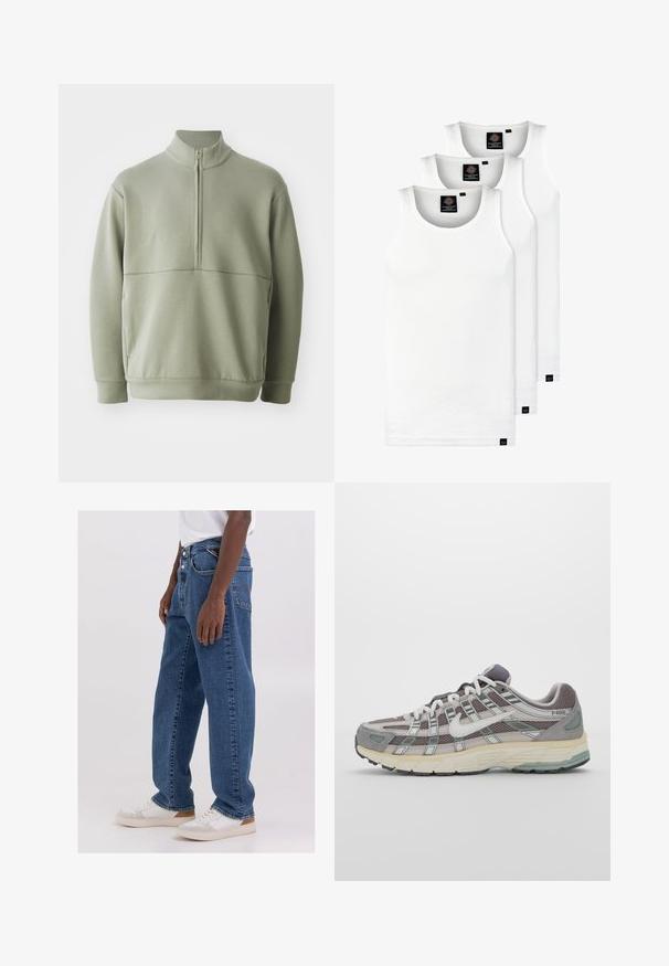 Lys grønn, langermet genser med høy krage og halv glidelås. Myk tekstur med horisontal sømdetalj over brystet.; Tre hvite ribbestrikkede tank topper laget av bomull. Har en rund hals og små svarte etiketter nær kanten. Tilgjengelig i flere størrelser.; Lyseblå denimjeans med en avslappet passform, fem-lomme design og knappelukking, kombinert med en enkel hvit skjorte og hvite joggesko.; Grå treningssko med overdel i nett og semsket skinn, hvite detaljer, en polstret såle, og et særpreget design med reflekterende elementer.
