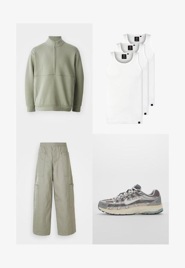 Lys grønn, langermet genser med høy krage og halv glidelås. Myk tekstur med horisontal sømdetalj over brystet.; Tre hvite ribbestrikkede tank topper laget av bomull. Har en rund hals og små svarte etiketter nær kanten. Tilgjengelig i flere størrelser.; Baggy, olivengrønne cargobukser med elastisk midje, flere lommer og en glat tekstur. Sammenfoldbar bredde ved kanten.; Grå treningssko med overdel i nett og semsket skinn, hvite detaljer, en polstret såle, og et særpreget design med reflekterende elementer.