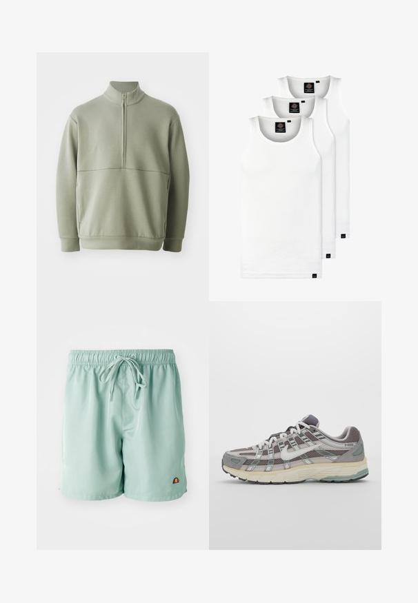 Suéter de manga larga verde claro con un cuello alto y media cremallera. Textura suave con un detalle de costura horizontal en el pecho.; Tres camisetas sin mangas de algodón de color blanco con canalé. Cuentan con cuello redondo y pequeñas etiquetas negras cerca del dobladillo. Disponibles en múltiples tamaños.; Bañador de color verde claro con una cintura elástica y cordón, que presenta un pequeño logo bordado en la parte inferior derecha. Textura suave.; Zapatilla deportiva gris con parte superior de malla y ante, acentos blancos, suela acolchada y un diseño distintivo con elementos reflectantes.