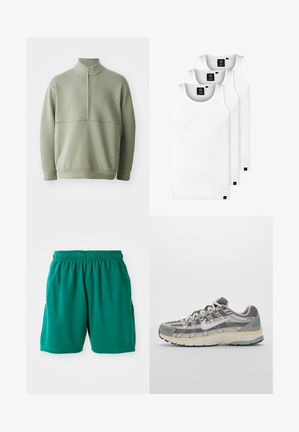 Šviesiai žalias, ilgos rankovės megztinis su aukšta apykakle ir pusiau užtrauktuku. Minkšta tekstūra su horizontalia siūle per krūtinę.; Trys balti, dryžuoti marškiniai be rankovių, pagaminti iš medvilnės. Yra apvalus kaklas ir maži juodi etiketės netoli siūlės. Siūlomi įvairių dydžių.; Žalios medvilninės šortai su elastinga juosta, šoninėmis kišenėmis ir siūlėmis. Lygus audinys, suteikiantis atsipalaidavusią, kasdienę išvaizdą.; Pilkas sportinis batas su tinklu ir zomšos viršutine dalimi, baltomis detalėmis, paminkštintu padu ir išskirtiniu dizainu su atspindinčiais elementais.