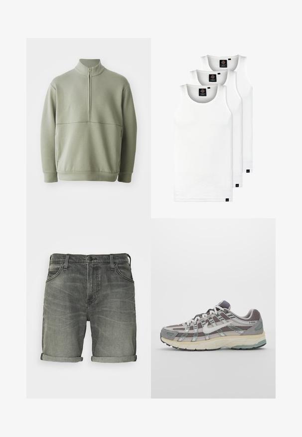Světlá zelená mikina s dlouhým rukávem, vysokým límečkem a půlzipem. Měkká textura s horizontálním švem přes hruď.; Tři bílé žebrované tílka vyrobené z bavlny. Mají kulatý výstřih a malé černé štítky poblíž lemu. Dostupné v několika velikostech.; Tmavě šedé džínové kraťasy s ohrnutými lemy, s klasickým pětipocketovým designem, zapínáním na knoflík a jemně vybledlou strukturou.; Šedá sportovní obuv s vrchní částí z mikrovlákna a semiše, bílými akcenty, polstrovanou podrážkou a jedinečným designem s reflexními prvky.