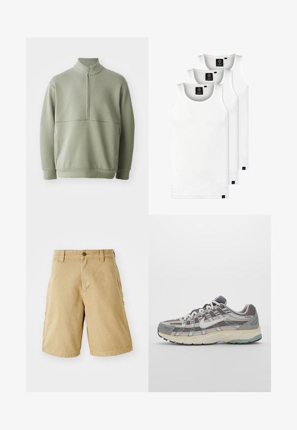 Svetlozelený, dlhý rukáv pulóver s vysokým golierom a polovičným zipsom. Mäkká textúra s horizontálnym švom cez hruď.; Tri biele rebrované tielka vyrobené z bavlny. Majú okrúhly výstrih a malé čierne štítky pri leme. Dostupné v rôznych veľkostiach.; Béžové bavlnené cargo šortky s prednými a bočnými vreckami, pútkami na opasok a kovovým zapínaním. Priamy strih a dizajn s dĺžkou po kolená.; Šedá športová obuv so zvrškom z nylonu a semišu, bielymi akcentmi, polstrovanou podrážkou a jedinečným dizajnom s reflexnými prvkami.