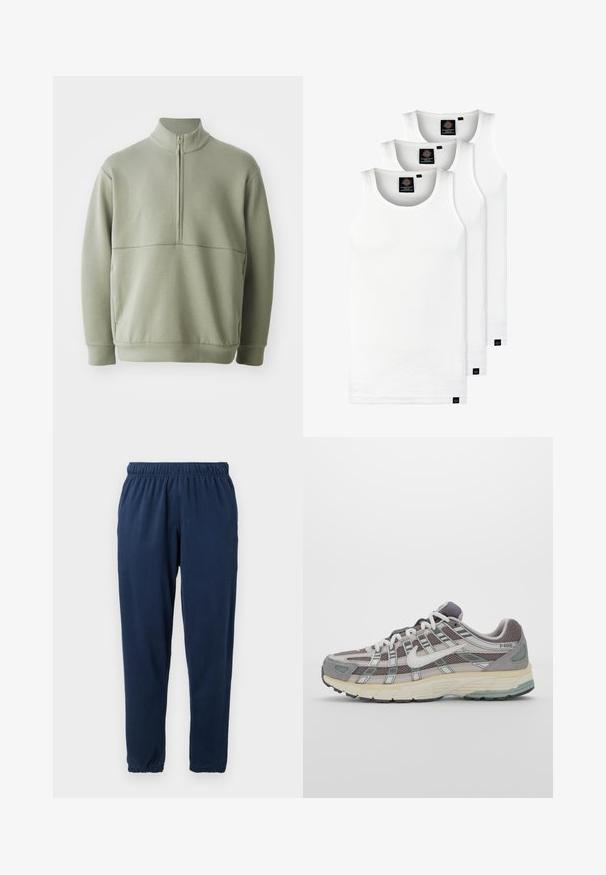 Light green, long-sleeve pullover with a high collar and half zipper. Soft texture with a horizontal seam detail across the chest.; Three white ribbed tank tops made of cotton. Features a crew neck and small black labels near the hem. Available in multiple sizes.; Navy blue sweatpants made of soft fabric, featuring an elastic waistband and tapered legs with elastic cuffs. No visible patterns or accents.; Gray athletic shoe featuring a mesh and suede upper, white accents, a cushioned sole, and a distinctive design with reflective elements.