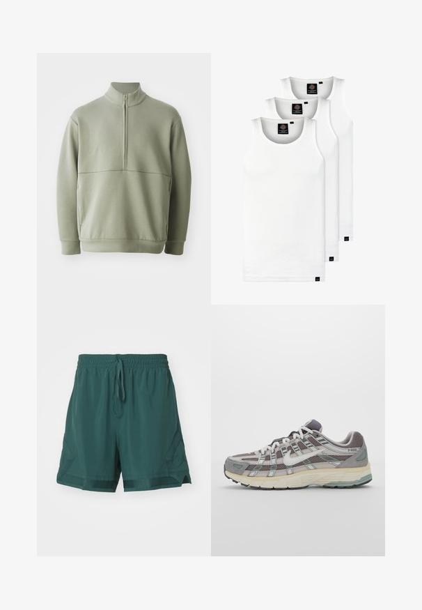 Heledad rohelise, pika varrukaga kootud särk kõrge kraega ja pooltaskuga. Pehme tekstuur, millel on horisontaalne õmbluse detail rinnaosas.; Kolm valget ribaga t-särki, mis on valmistatud puuvillast. Omavad ümmargust kaelanõhku ja väikseid musti silte hemme lähedal. Saadaval erinevates suurustes.; Jordan M J DF SPRT WVN DMND - Spordišortsid - oxidized green; Hallus hallitus jalanõud, millel on võrgust ja sametist ülemine osa, valged rõhutused, pehme tald ning eristuv disain peegelduvate elementidega.