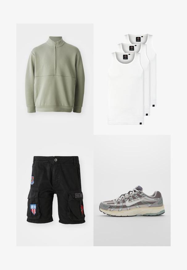 Svetlozelený, dlhý rukáv pulóver s vysokým golierom a polovičným zipsom. Mäkká textúra s horizontálnym švom cez hruď.; Tri biele rebrované tielka vyrobené z bavlny. Majú okrúhly výstrih a malé čierne štítky pri leme. Dostupné v rôznych veľkostiach.; Čierne cargo šortky vyrobené z bavlny, s viacerými vreckami, vyšívanými nášivkami v červenej, modrej a zelenej farbe a gombíkovým zapínaním v oblasti pásu.; Šedá športová obuv so zvrškom z nylonu a semišu, bielymi akcentmi, polstrovanou podrážkou a jedinečným dizajnom s reflexnými prvkami.