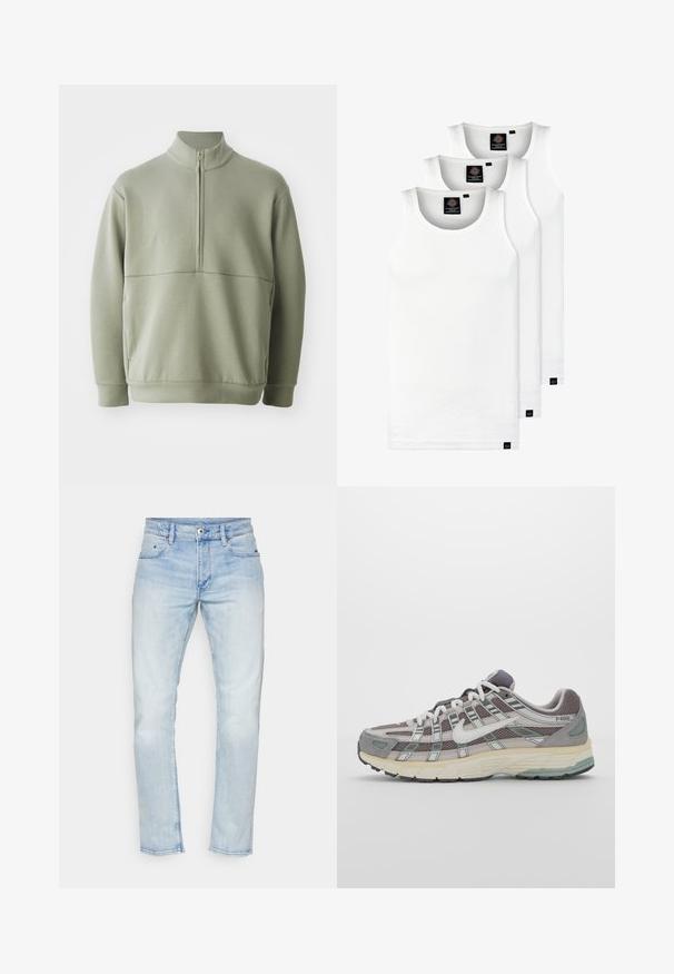 Lys grønn, langermet genser med høy krage og halv glidelås. Myk tekstur med horisontal sømdetalj over brystet.; Tre hvite ribbestrikkede tank topper laget av bomull. Har en rund hals og små svarte etiketter nær kanten. Tilgjengelig i flere størrelser.; Lys blå denim jeans med rett ben-design, fem lommer og en slitt finish. Har en knapp- og glidelåslukking.; Grå treningssko med overdel i nett og semsket skinn, hvite detaljer, en polstret såle, og et særpreget design med reflekterende elementer.