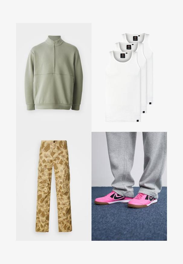 Svijetlozelena, dugosveđena majica s visokim ovratnikom i polu-zipperom. Mehak materijal s horizontalnom šavom preko prsa.; Tri bijele rebraste majice bez rukava od pamuka. Imaju okrugli izrez i male crne oznake blizu rubova. Dostupne su u više veličina.; Bež cargo hlače s svijetlosmešanim uzorkom, koje imaju dva bočna džepa i ravni kroj. Tekstura tkanine s suptilnim prugama.; Roze atletske tenisice s crnim akcentima, s vezicama i gumenenim potplatom. Sivi trenerci djelomično prekrivaju tenisice, postavljeni na plavi tepih.