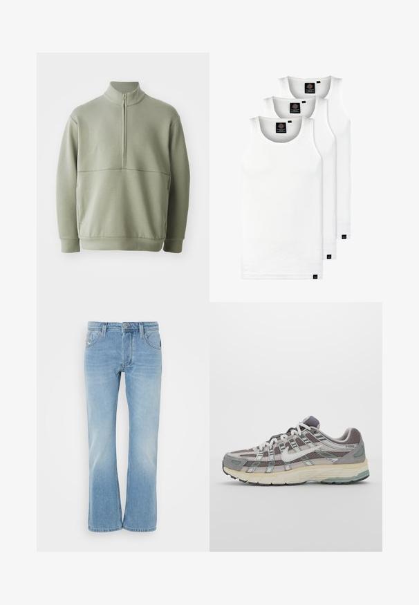 Ljusgrön, långärmad tröja med hög krage och halvmått. Mjuk textur med en horisontell sömdetalj över bröstet.; Tre vita ribbade linnen i bomull. Har rund halsringning och små svarta etiketter vid fållen. Finns i flera storlekar.; Ljusblå denimjeans med vida ben, som har fickor, knappstängning och subtila urtvättningseffekter för ett användt utseende.; Grå atletiska sko med en överdel av mesh och mocka, vita accenter, en vadderad sula och en unik design med reflekterande element.