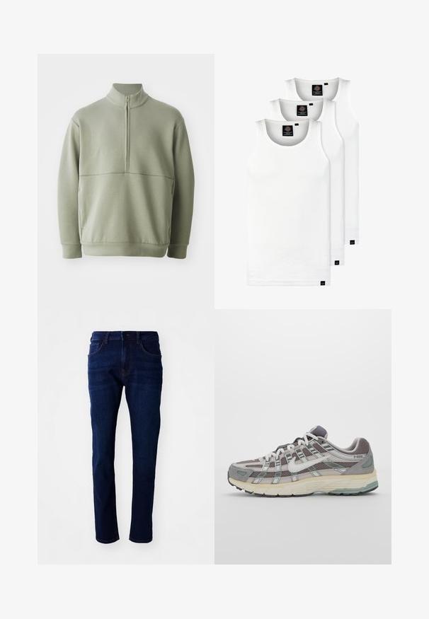 Suéter de manga larga verde claro con un cuello alto y media cremallera. Textura suave con un detalle de costura horizontal en el pecho.; Tres camisetas sin mangas de algodón de color blanco con canalé. Cuentan con cuello redondo y pequeñas etiquetas negras cerca del dobladillo. Disponibles en múltiples tamaños.; Jeans de mezclilla de un azul oscuro con corte recto, cinco bolsillos y un cierre clásico de botón. La tela tiene una textura suave con un ligero desvanecimiento.; Zapatilla deportiva gris con parte superior de malla y ante, acentos blancos, suela acolchada y un diseño distintivo con elementos reflectantes.