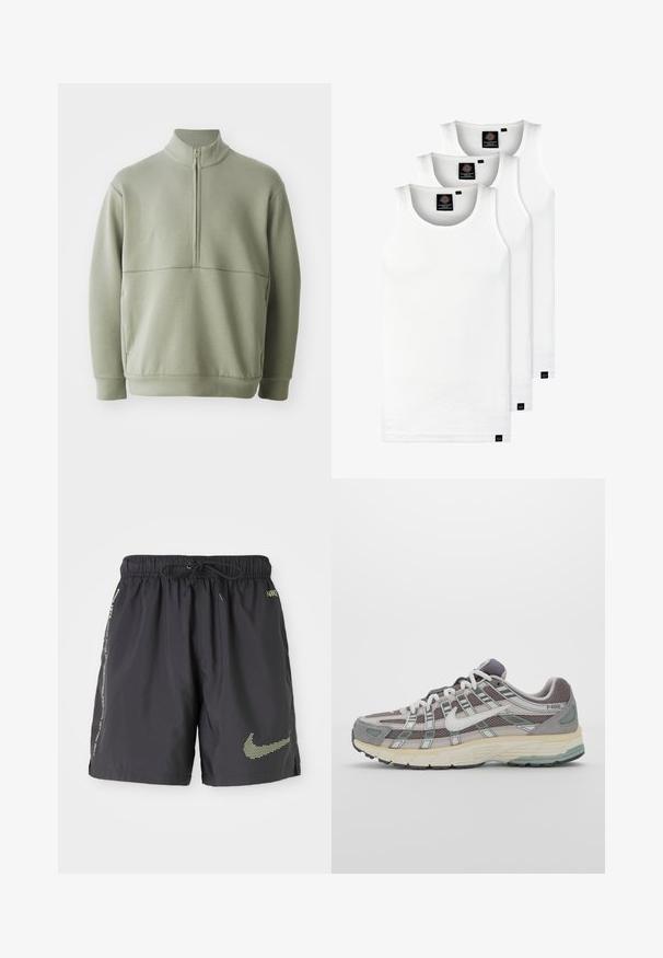 Svetlozelený, dlhý rukáv pulóver s vysokým golierom a polovičným zipsom. Mäkká textúra s horizontálnym švom cez hruď.; Tri biele rebrované tielka vyrobené z bavlny. Majú okrúhly výstrih a malé čierne štítky pri leme. Dostupné v rôznych veľkostiach.; Čierne ľahké plavecké šortky s elastickým pásom, sťahovacou šnúrkou a neonovo žltým logom Nike. Obsahujú bočné vrecká a reflexné detaily.; Šedá športová obuv so zvrškom z nylonu a semišu, bielymi akcentmi, polstrovanou podrážkou a jedinečným dizajnom s reflexnými prvkami.