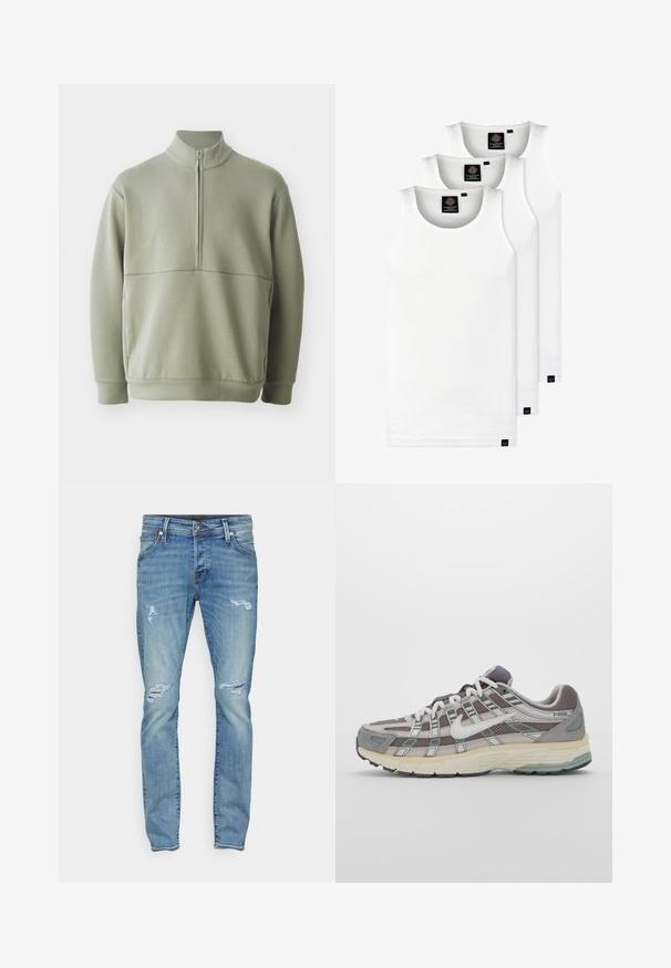 Suéter de manga larga verde claro con un cuello alto y media cremallera. Textura suave con un detalle de costura horizontal en el pecho.; Tres camisetas sin mangas de algodón de color blanco con canalé. Cuentan con cuello redondo y pequeñas etiquetas negras cerca del dobladillo. Disponibles en múltiples tamaños.; Vaqueros de denim azul claro con un ajuste slim, que presentan detalles desgastados y patrones de rasgado en la parte frontal, diseño estándar de cinco bolsillos y cierre de botón en la parte superior.; Zapatilla deportiva gris con parte superior de malla y ante, acentos blancos, suela acolchada y un diseño distintivo con elementos reflectantes.