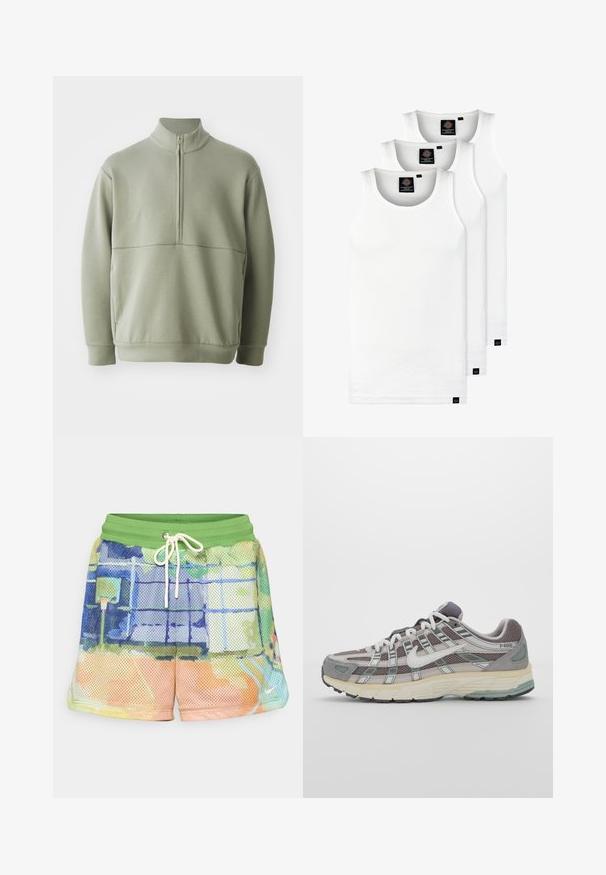 Jasnozielony, długi sweter z długim rękawem, o wysokim kołnierzu i pół-zamkiem. Miękka tekstura z poziomym szwem na wysokości klatki piersiowej.; Trzy białe prążkowane koszulki na ramiączkach wykonane z bawełny. Posiadają okrągły dekolt i małe czarne metki blisko dolnego brzegu. Dostępne w różnych rozmiarach.; Siatkowe szorty koszykarskie z zielonym elastycznym pasem, sznurkiem i wielokolorowym abstrakcyjnym wzorem w odcieniach niebieskiego, pomarańczowego i zielonego.; Szare buty sportowe z siateczkowym i zamszowym wierzchem, białymi akcentami, amortyzowaną podeszwą oraz charakterystycznym designem z elementami odblaskowymi.