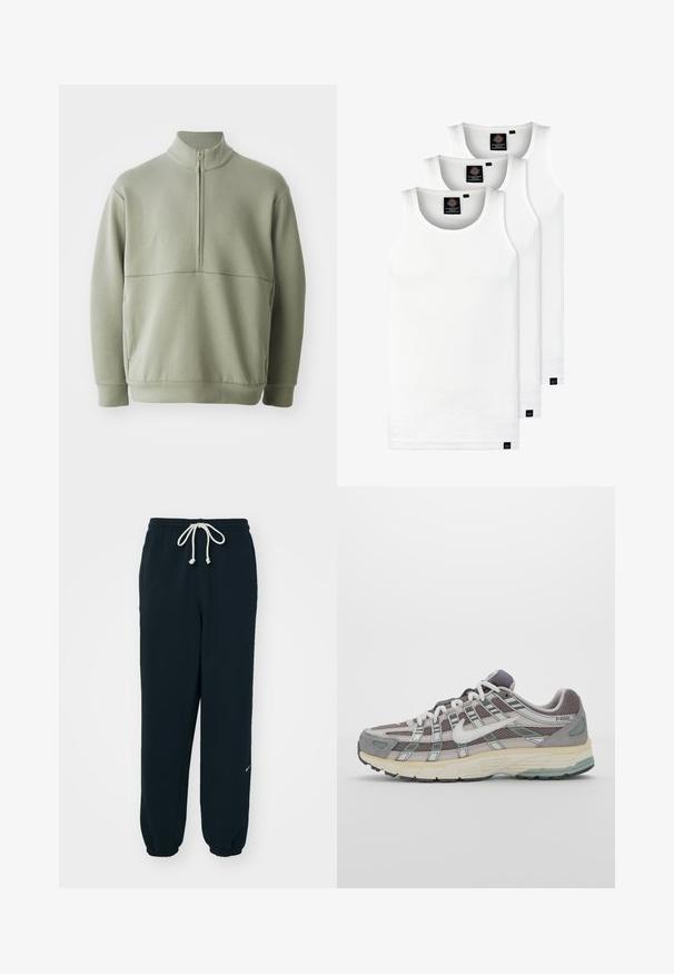 Jasnozielony, długi sweter z długim rękawem, o wysokim kołnierzu i pół-zamkiem. Miękka tekstura z poziomym szwem na wysokości klatki piersiowej.; Trzy białe prążkowane koszulki na ramiączkach wykonane z bawełny. Posiadają okrągły dekolt i małe czarne metki blisko dolnego brzegu. Dostępne w różnych rozmiarach.; Czarne dresy uszyte z miękkiego materiału, z elastycznym paskiem w talii z sznurkiem ściągającym, ściągaczami na kostkach oraz małym białym akcentem z logiem.; Szare buty sportowe z siateczkowym i zamszowym wierzchem, białymi akcentami, amortyzowaną podeszwą oraz charakterystycznym designem z elementami odblaskowymi.