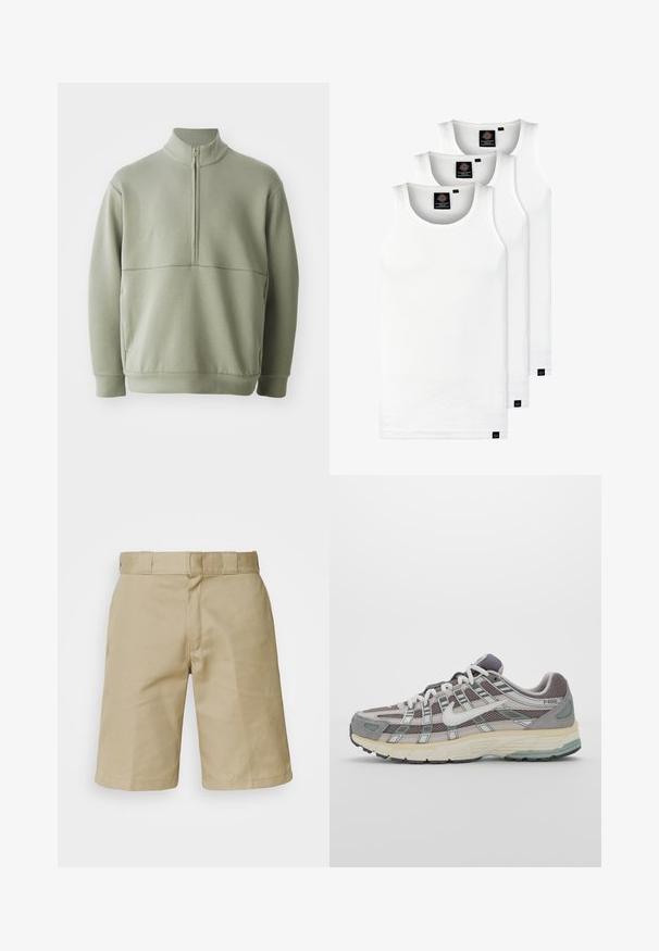 Lys grønn, langermet genser med høy krage og halv glidelås. Myk tekstur med horisontal sømdetalj over brystet.; Tre hvite ribbestrikkede tank topper laget av bomull. Har en rund hals og små svarte etiketter nær kanten. Tilgjengelig i flere størrelser.; Khaki shorts med flat front-design, sydd beltehempe med belteføring og to sidelommer. Laget av lett materiale.; Grå treningssko med overdel i nett og semsket skinn, hvite detaljer, en polstret såle, og et særpreget design med reflekterende elementer.