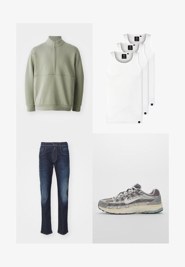 Šviesiai žalias, ilgos rankovės megztinis su aukšta apykakle ir pusiau užtrauktuku. Minkšta tekstūra su horizontalia siūle per krūtinę.; Trys balti, dryžuoti marškiniai be rankovių, pagaminti iš medvilnės. Yra apvalus kaklas ir maži juodi etiketės netoli siūlės. Siūlomi įvairių dydžių.; Tamsiai mėlynos džinsinės kelnės su priekinių kišenių, mygtuko ir subtiliai išblukusiais plotais šlaunyse ir keliuose priešais vientiso šviesaus fono.; Pilkas sportinis batas su tinklu ir zomšos viršutine dalimi, baltomis detalėmis, paminkštintu padu ir išskirtiniu dizainu su atspindinčiais elementais.