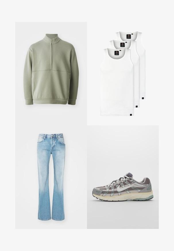 Pullover verde claro de mangas longas com colarinho alto e fecho de correr de meio comprimento. Textura suave com um detalhe de costura horizontal na zona do peito.; Três tops em algodão de alças brancas com nervuras. Apresentam um decote redondo e pequenas etiquetas pretas perto da bainha. Disponíveis em vários tamanhos.; Jeans flare de brim azul claro, desbotados de escuro para claro, com dois bolsos frontais e passantes para cinto, apresentando um fecho tradicional de zíper e botão.; Sapatilha atlética cinza com parte superior em malha e camurça, detalhes brancos, sola acolchoada e um design distinto com elementos refletivos.