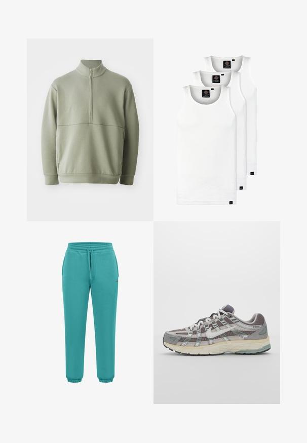 Lys grøn, langærmet pullover med høj krave og halv lynlås. Blød tekstur med en horisontal sømdetalje på brystet.; Tre hvide ribbede tanktops lavet af bomuld. Har en rund hals og små sorte mærker nær sømmen. Fås i flere størrelser.; Turkise joggingbukser lavet af blødt stof, med elastisk taljebånd med snøre, manchet ved anklerne og en lille logodetalje.; Grå sportssko med overdel i mesh og ruskind, hvide accenter, en polstret sål og et særpræget design med reflekterende elementer.