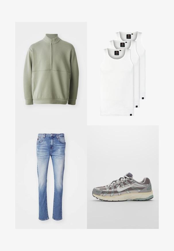 Suéter de manga larga verde claro con un cuello alto y media cremallera. Textura suave con un detalle de costura horizontal en el pecho.; Tres camisetas sin mangas de algodón de color blanco con canalé. Cuentan con cuello redondo y pequeñas etiquetas negras cerca del dobladillo. Disponibles en múltiples tamaños.; Vaqueros de mezclilla de un azul claro y diseño de pierna recta, con un lavado desvaído, estilo de cinco bolsillos y cierre de botonadura.; Zapatilla deportiva gris con parte superior de malla y ante, acentos blancos, suela acolchada y un diseño distintivo con elementos reflectantes.