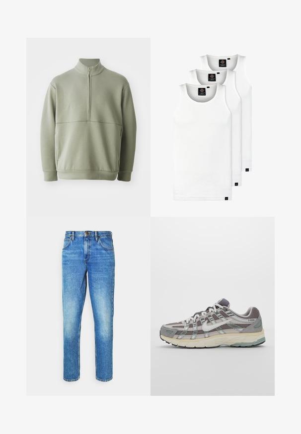 Šviesiai žalias, ilgos rankovės megztinis su aukšta apykakle ir pusiau užtrauktuku. Minkšta tekstūra su horizontalia siūle per krūtinę.; Trys balti, dryžuoti marškiniai be rankovių, pagaminti iš medvilnės. Yra apvalus kaklas ir maži juodi etiketės netoli siūlės. Siūlomi įvairių dydžių.; Išblukę mėlyni džinsai su tiesiomis kojomis, penkiais kišeniais, mygtuko uždarymu ir švelniu plaukimo raštu šalia šlaunų.; Pilkas sportinis batas su tinklu ir zomšos viršutine dalimi, baltomis detalėmis, paminkštintu padu ir išskirtiniu dizainu su atspindinčiais elementais.