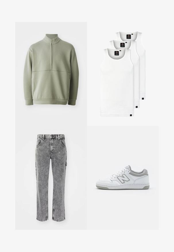 Světlá zelená mikina s dlouhým rukávem, vysokým límečkem a půlzipem. Měkká textura s horizontálním švem přes hruď.; Tři bílé žebrované tílka vyrobené z bavlny. Mají kulatý výstřih a malé černé štítky poblíž lemu. Dostupné v několika velikostech.; Šedé džíny z denimu s vysokým pasem, rovnými nohavicemi, s opotřebovaným vzhledem a pěti kapsami. Viditelné švy a detaily s logem.; Bílé kožené tenisky s šedými akcenty, vybavené perforovanou špičkou, plochými tkaničkami a vzorovanou podrážkou. Logo New Balance na boku.