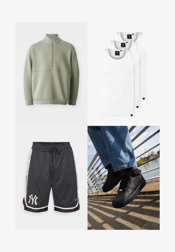 Svijetlozelena, dugosveđena majica s visokim ovratnikom i polu-zipperom. Mehak materijal s horizontalnom šavom preko prsa.; Tri bijele rebraste majice bez rukava od pamuka. Imaju okrugli izrez i male crne oznake blizu rubova. Dostupne su u više veličina.; Crne mrežaste kratke hlače s elastičnim pojasom i vezicom. Imaju bočne panele sa cvjetnim uzorkom i bijeli logo New York na rubu.; Crne Nike Air Force 1 tenisice s kožnim gornjim dijelom, mrežastim jezikom i gumenenim potplatom, s visokim dizajnom i debelim vezicama.