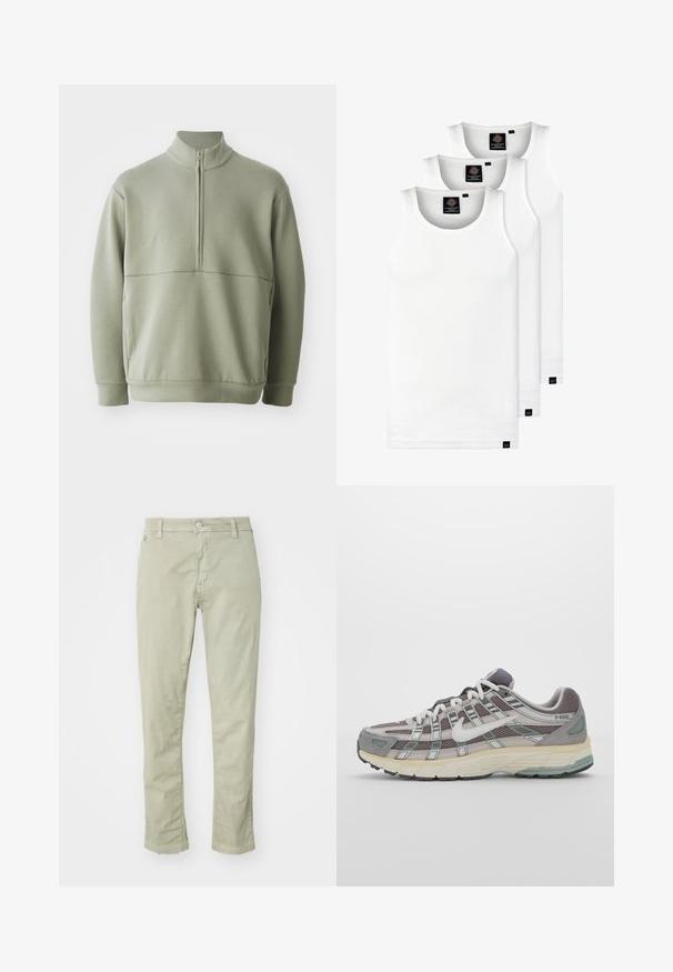 Világos zöld, hosszú ujjú pulóver magas gallérral és fél cipzárral. Puha tapintású, a mellkas fölött vízszintes varrási részlettel.; Három fehér csíkos pamut trikó. Felső része kerek nyakkivágású, és a szegély közelében kis fekete címkék találhatók. Több méretben elérhető.; Világoszöld pamut nadrág, karcsú szabásban, gombos záródással, öt zsebes kialakítással és apró varrási részletekkel.; Szürke sportcipő, hálós és velúr felsőrésszel, fehér részletekkel, párnázott talppal és jellegzetes dizájnnal, amely visszaverő elemeket tartalmaz.