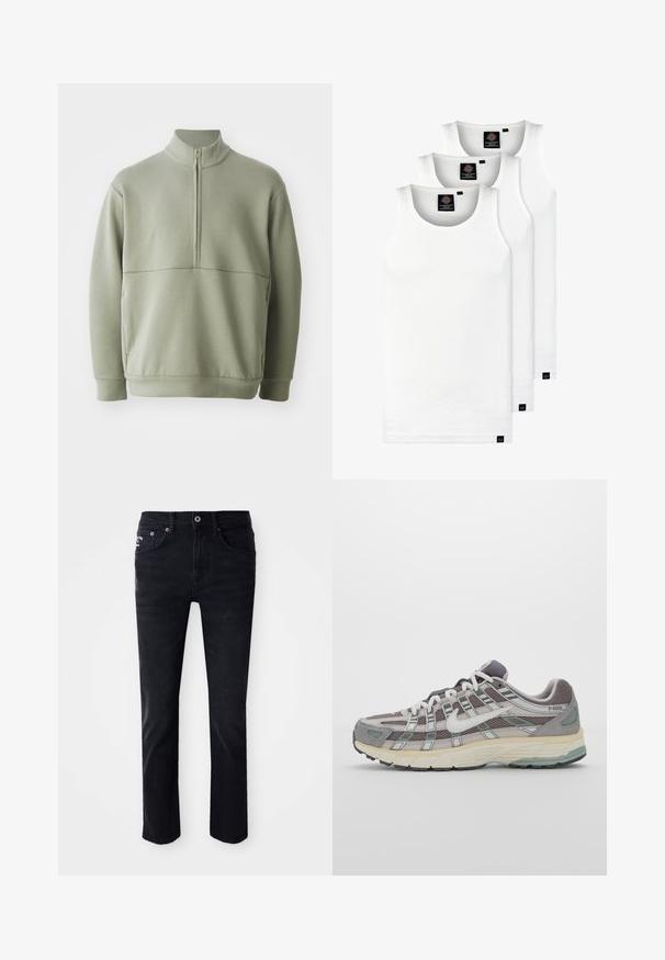 Heledad rohelise, pika varrukaga kootud särk kõrge kraega ja pooltaskuga. Pehme tekstuur, millel on horisontaalne õmbluse detail rinnaosas.; Kolm valget ribaga t-särki, mis on valmistatud puuvillast. Omavad ümmargust kaelanõhku ja väikseid musti silte hemme lähedal. Saadaval erinevates suurustes.; Mustadest denimist preparaadid sirge säärega, viie tasku, tõmblukuga ja metallist detailidega, millel on sile tekstuur.; Hallus hallitus jalanõud, millel on võrgust ja sametist ülemine osa, valged rõhutused, pehme tald ning eristuv disain peegelduvate elementidega.