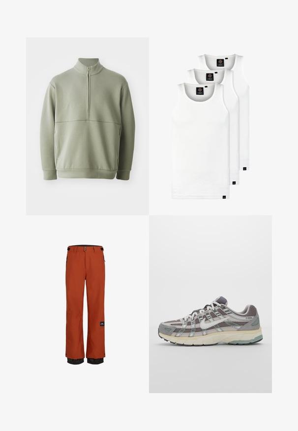 Pull vert clair à manches longues avec un col montant et une fermeture éclair mi-longue. Texture douce avec un détail de couture horizontale sur la poitrine.; Trois débardeurs blancs côtelés en coton. Présentent un col rond et de petites étiquettes noires près de l'ourlet. Disponibles en plusieurs tailles.; Pantalons de ski imperméables orange avec une ceinture ajustable noire, des poches latérales et des poignets élastiques pour la régulation de la température.; Chaussure de sport grise avec une tige en mesh et en daim, accents blancs, semelle rembourrée et un design distinctif avec des éléments réfléchissants.