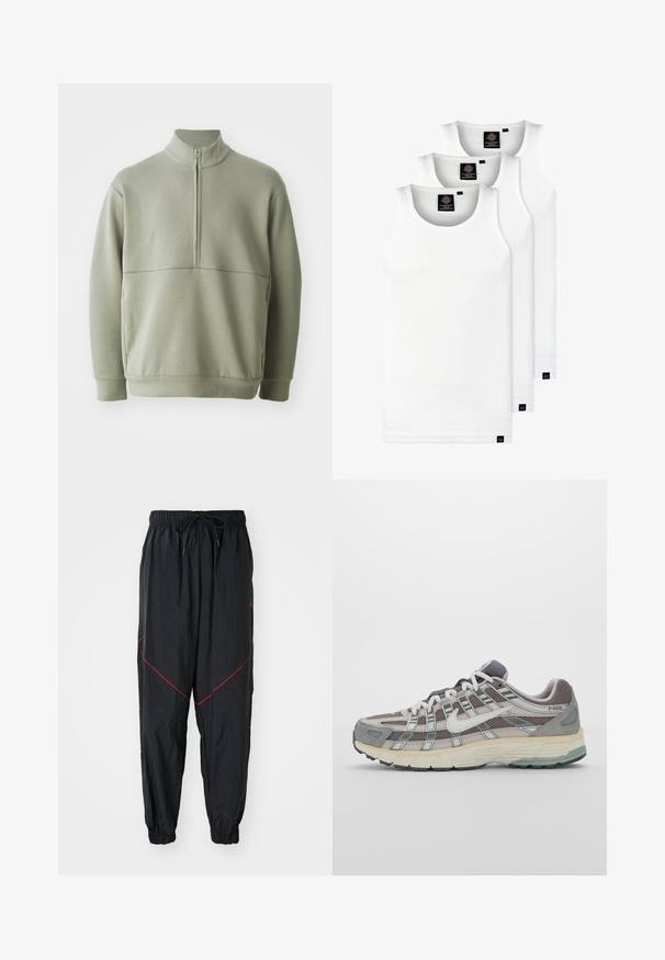 Jasnozielony, długi sweter z długim rękawem, o wysokim kołnierzu i pół-zamkiem. Miękka tekstura z poziomym szwem na wysokości klatki piersiowej.; Trzy białe prążkowane koszulki na ramiączkach wykonane z bawełny. Posiadają okrągły dekolt i małe czarne metki blisko dolnego brzegu. Dostępne w różnych rozmiarach.; Czarne dresowe spodnie wykonane z lekkiego materiału, z czerwonymi przeszyciami, elastycznym pasem ze sznurkiem oraz elastycznymi mankietami.; Szare buty sportowe z siateczkowym i zamszowym wierzchem, białymi akcentami, amortyzowaną podeszwą oraz charakterystycznym designem z elementami odblaskowymi.