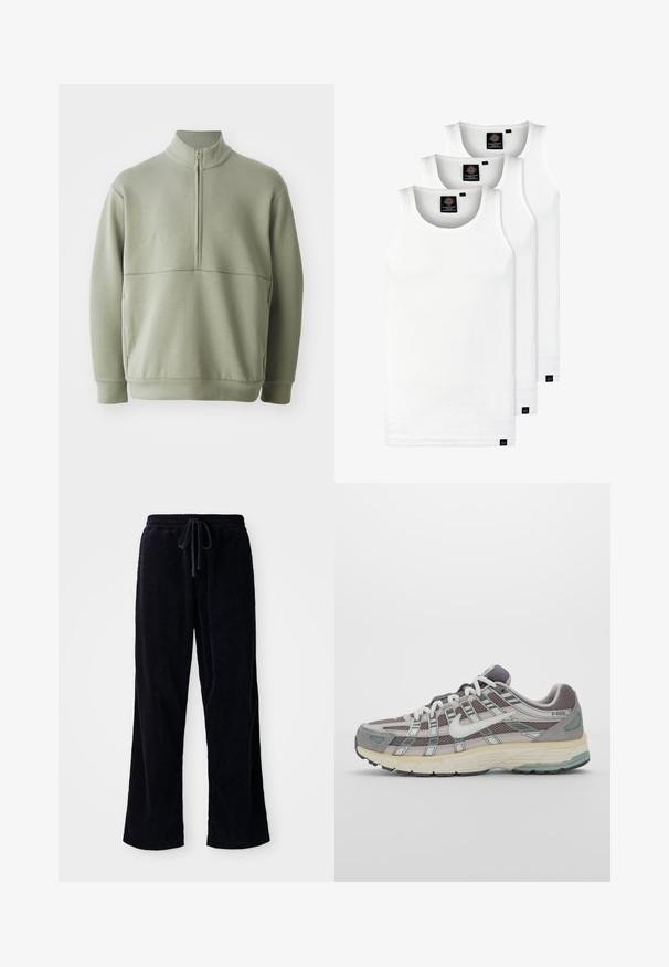 Šviesiai žalias, ilgos rankovės megztinis su aukšta apykakle ir pusiau užtrauktuku. Minkšta tekstūra su horizontalia siūle per krūtinę.; Trys balti, dryžuoti marškiniai be rankovių, pagaminti iš medvilnės. Yra apvalus kaklas ir maži juodi etiketės netoli siūlės. Siūlomi įvairių dydžių.; Juodos velveto kelnės su laisvu siluetu, su elastine juosta ir raišteliu. Tekstūra banguota, o audinys atrodo minkštas.; Pilkas sportinis batas su tinklu ir zomšos viršutine dalimi, baltomis detalėmis, paminkštintu padu ir išskirtiniu dizainu su atspindinčiais elementais.