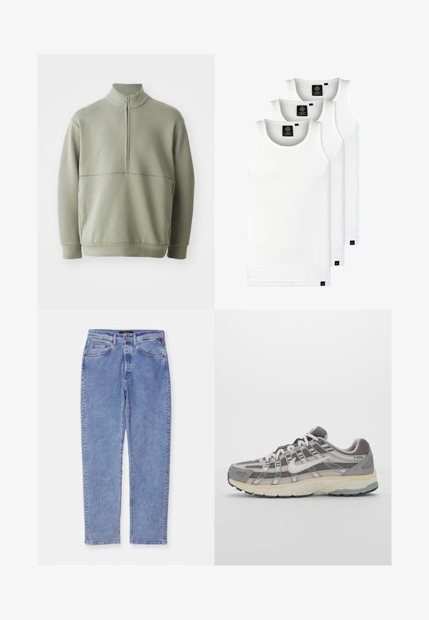 Világos zöld, hosszú ujjú pulóver magas gallérral és fél cipzárral. Puha tapintású, a mellkas fölött vízszintes varrási részlettel.; Három fehér csíkos pamut trikó. Felső része kerek nyakkivágású, és a szegély közelében kis fekete címkék találhatók. Több méretben elérhető.; Világoskék farmernadrág egyenes szabással, öt zsebbel és gombos záródással. Finom elhalványulásokkal és kontrasztos varrással rendelkezik.; Szürke sportcipő, hálós és velúr felsőrésszel, fehér részletekkel, párnázott talppal és jellegzetes dizájnnal, amely visszaverő elemeket tartalmaz.