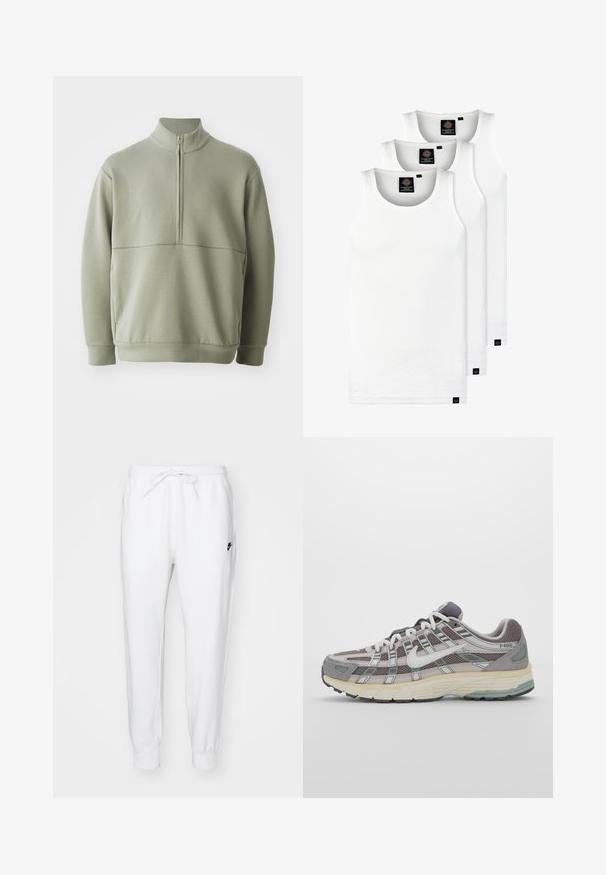 Lys grøn, langærmet pullover med høj krave og halv lynlås. Blød tekstur med en horisontal sømdetalje på brystet.; Tre hvide ribbede tanktops lavet af bomuld. Har en rund hals og små sorte mærker nær sømmen. Fås i flere størrelser.; Hvide sweatpants med elastisk talje og snøre. Funktioner et sort Nike-logo på venstre lår. Rib ved anklerne. Blød stofstruktur.; Grå sportssko med overdel i mesh og ruskind, hvide accenter, en polstret sål og et særpræget design med reflekterende elementer.