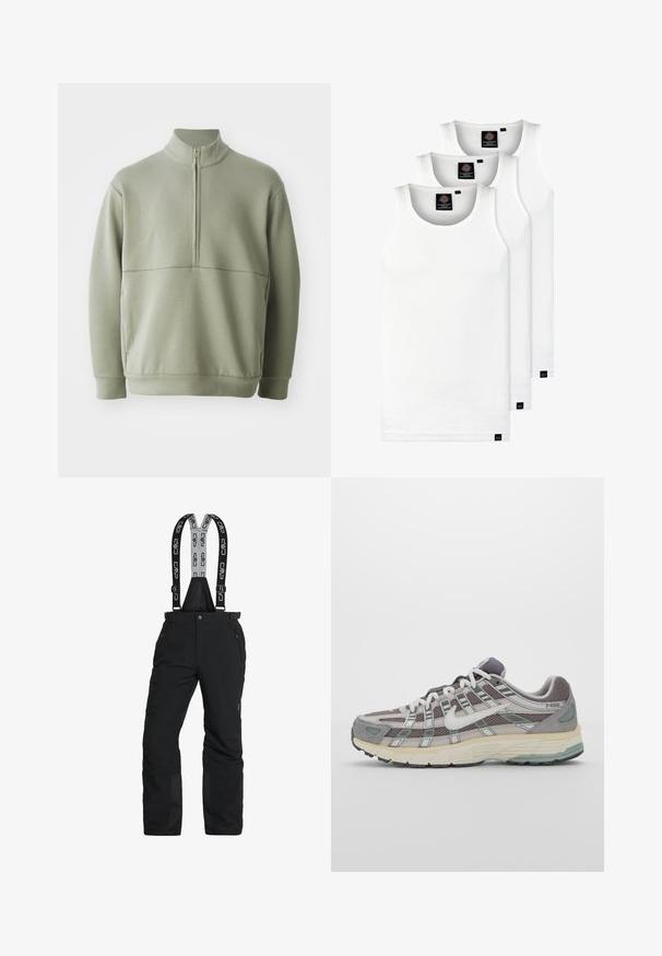 Pullover verde chiaro a maniche lunghe con colletto alto e mezza cerniera. Texture morbida con un dettaglio a cucitura orizzontale sulla parte anteriore.; Tre canotte bianche a coste in cotone. Presentano un colletto rotondo e piccole etichette nere vicino all'orlo. Disponibile in diverse taglie.; Pantaloni da neve neri con bretelle regolabili, tasche con zip e caviglie rinforzate. Realizzati in materiale impermeabile con una texture liscia.; Scarpa sportiva grigia con tomaia in mesh e suede, dettagli bianchi, suola ammortizzata e un design distintivo con elementi riflettenti.