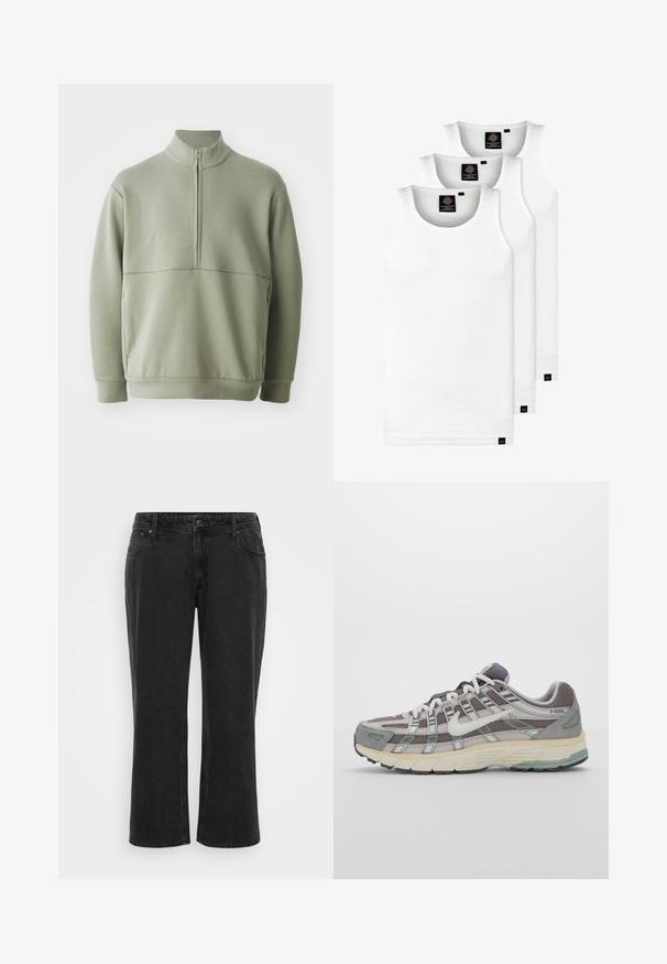 Lys grønn, langermet genser med høy krage og halv glidelås. Myk tekstur med horisontal sømdetalj over brystet.; Tre hvite ribbestrikkede tank topper laget av bomull. Har en rund hals og små svarte etiketter nær kanten. Tilgjengelig i flere størrelser.; Sorte denim vidt ben jeans med rett snitt, fem lommer, frontknapplukking og kontraststingdetalj.; Grå treningssko med overdel i nett og semsket skinn, hvite detaljer, en polstret såle, og et særpreget design med reflekterende elementer.